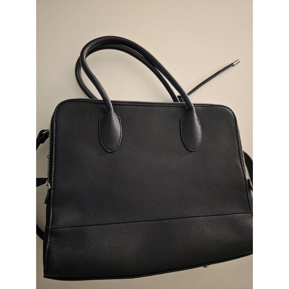 Navy Blue Vinyl Brief Case with Zipper Closure and Handle